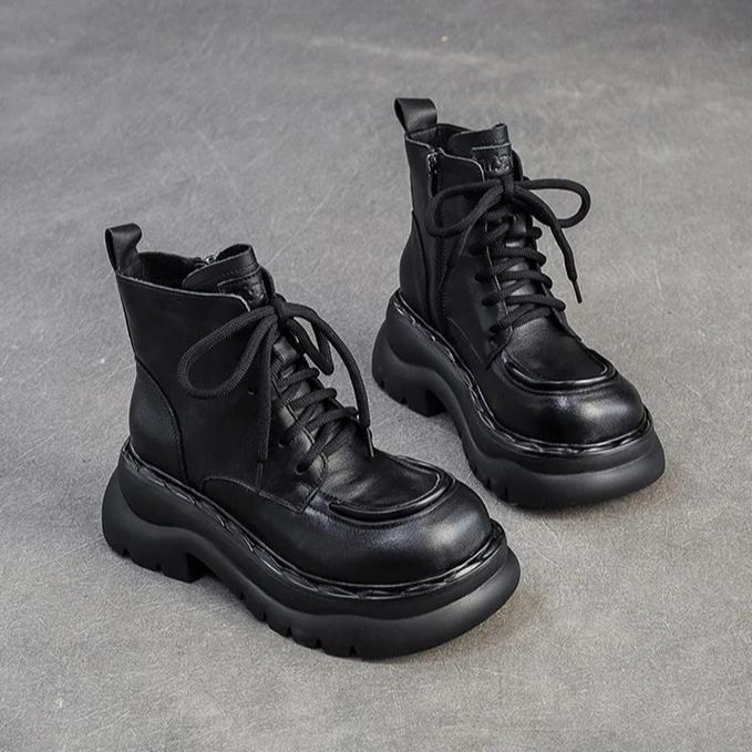 Johnature Genuine Leather Thick Soled Ankle Boots Retro Round Toe Side Zipper Women's Short Boots