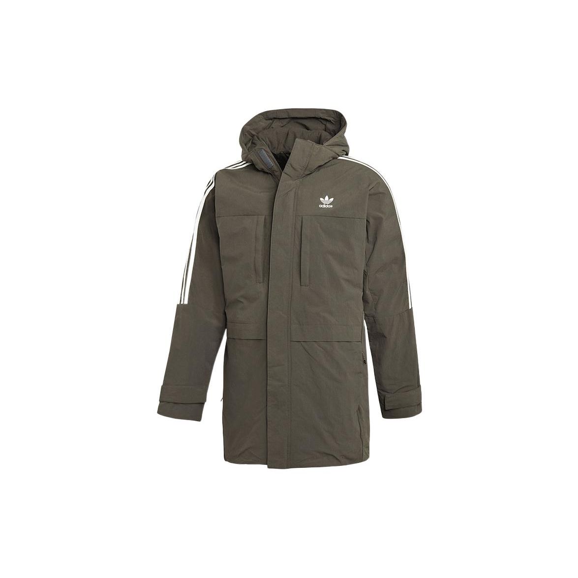 

Adidas Оригинальный трилистник с однотонным логотипом в полоску, пуховик с капюшоном, мужские куртки армейско-зеленого цвета DH5027