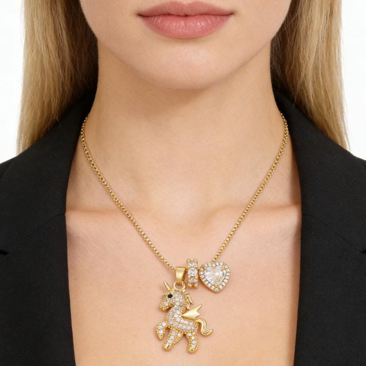 European and American Cute Unicorn Pony Necklace - Real Gold-Plated, Rhinestone-Embellished, Luxurious Jewelry Piece.