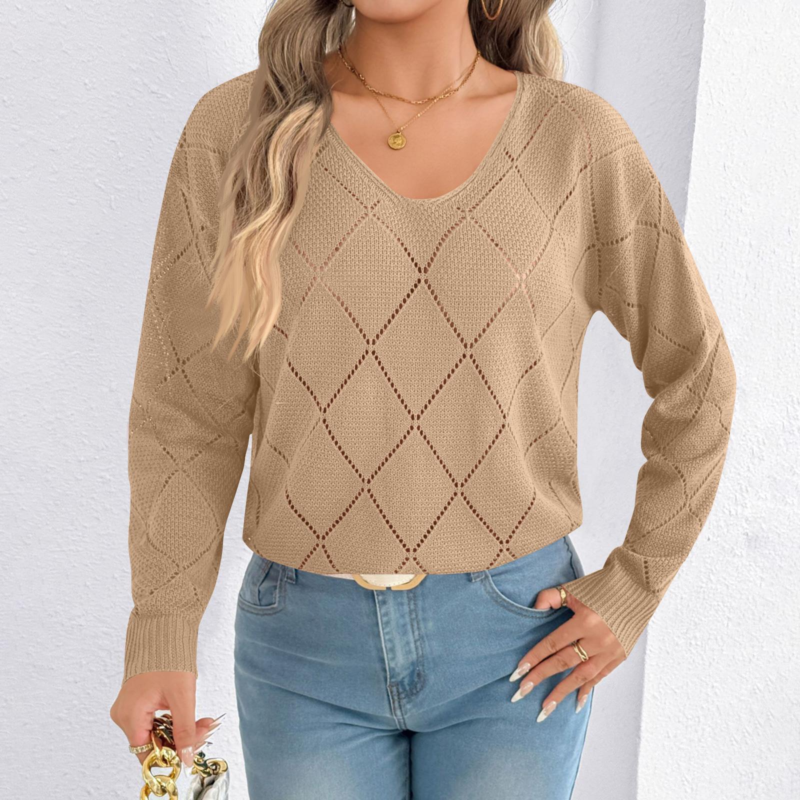 

Women s Fashion Solid Color V-Neck Plaid Knitted Sweater XL