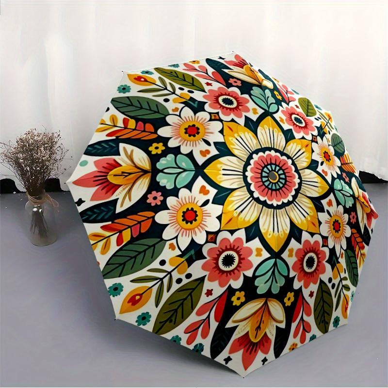 1pc Floral Mandala Automatic Folding Umbrella, 8-Rib Sturdy Canopy, Portable Travel Umbrella for Outdoor Use