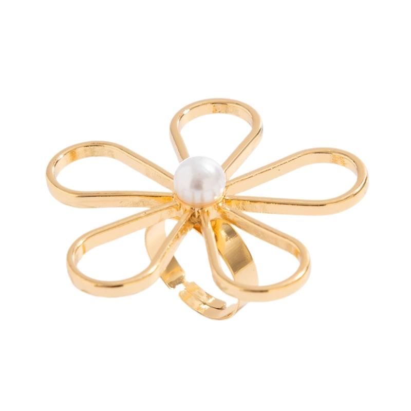 Adjustable Pearls Knuckles Ring Gold Tone Hollow Flower/Starfish/Feather Ring Fashion Finger Jewelry for Women Girls