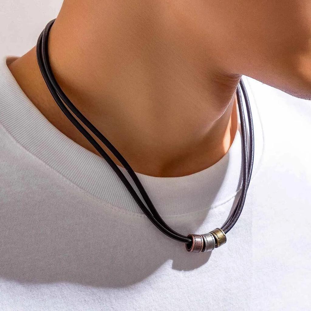 Simple Gun Black Color Wax Cord With Pendant Necklace for Men Small Round Rings Charm Choker Jewelry Collar Party Street