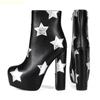 Fashion Women's Fashion Pu Leather Boots Star Stitching Platform Block Heel Ankle Boots Black Round Toe Side Zipper Classic Ankle Boots