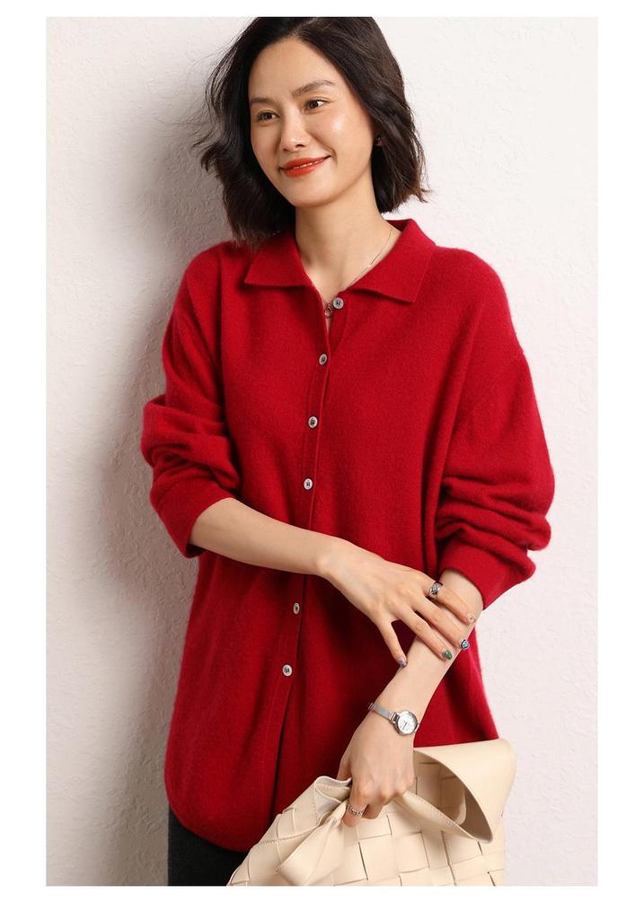 Women's Mid-Length Cashmere Cardigan Sweater - Autumn/Winter Style with POLO Collar