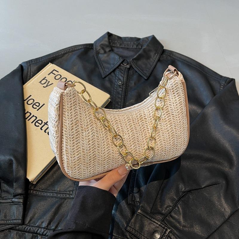 

Сумка New Moon Новая весенняя соломенная сумка Женская модная повседневная сумка на толстой цепочке Персонализированная плечевая пляжная сумка хаки