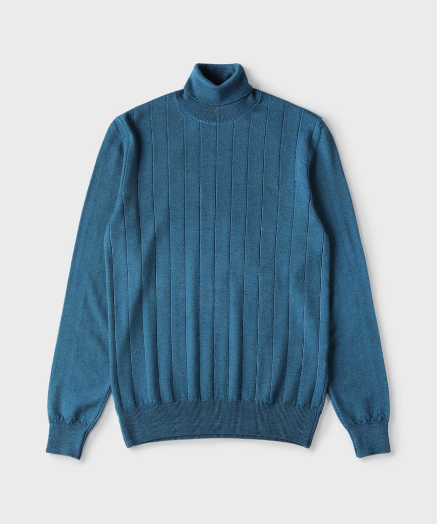 PANICALE Blue 100% Merino Wool Striped Turtleneck Knit
