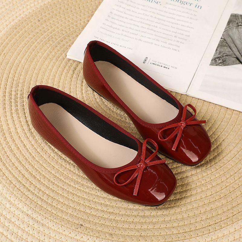 

Туфли красного цвета с квадратным носком, плоской подошвой, мягкой подошвой, новые весенне-осенние, с бантом, балетки с открытой носочной частью, универсальные одинарные туфли 41