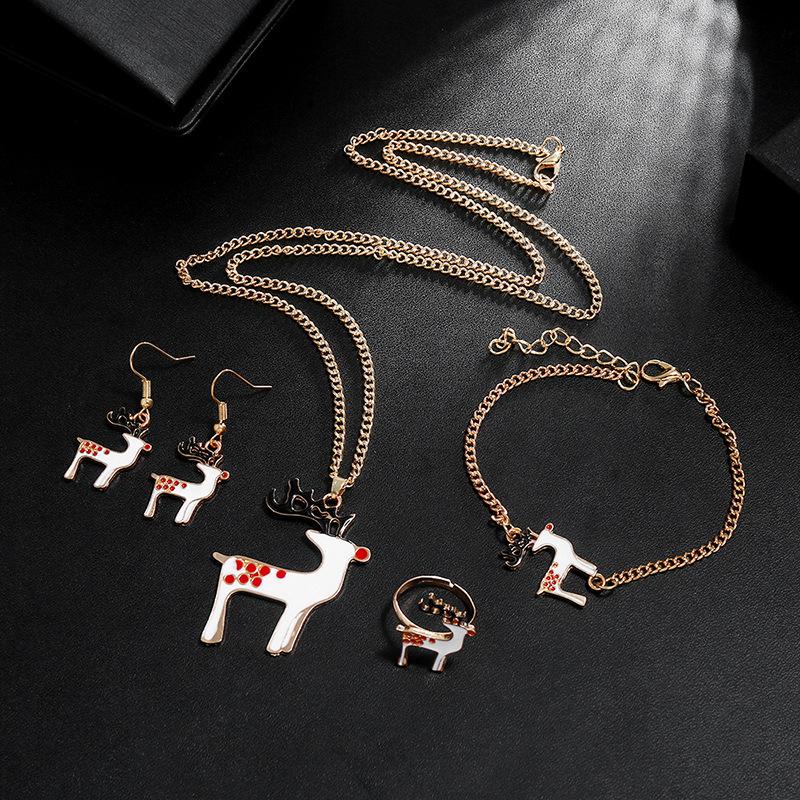 Christmas Necklace Set, Cute Santa Drip Oil Alloy Ring Earrings Bracelet Combination Set