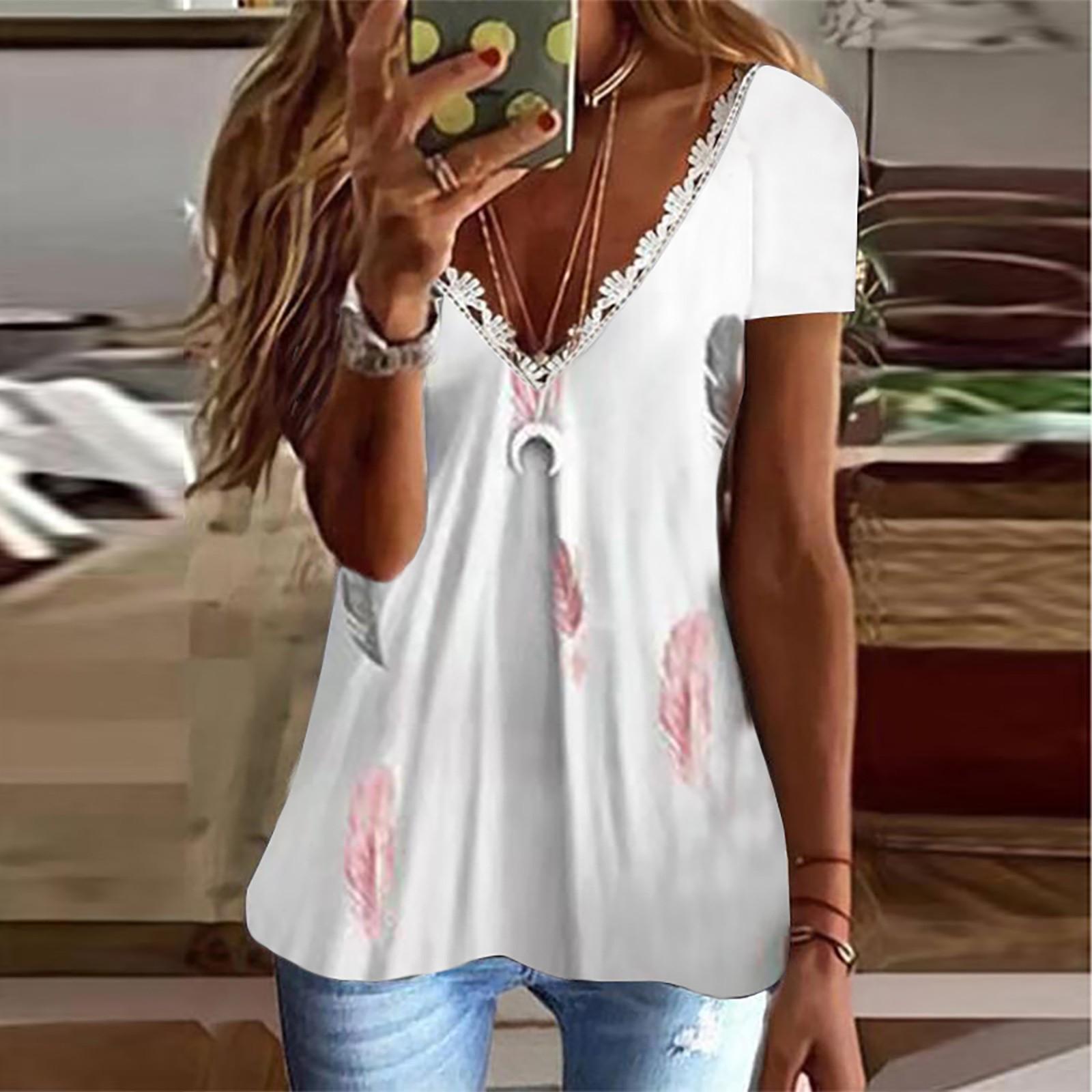 

Women s Casual V-Neck Lace Short Sleeve Feather Floral Print T-Shirt Top XXXL белый