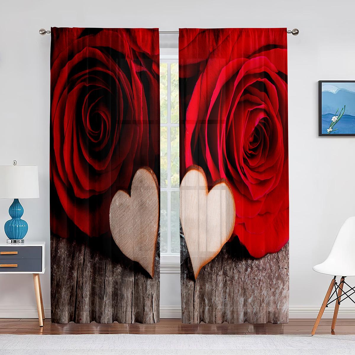Красная Роза День Святого Валентина Цветочный Романтический Тюль Прозрачные Оконные Шторы — фото 15