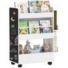 Double-Sided Bookcase for Children Ages 3-8, Toy Storage Rack with Wheels and Blackboard, White
