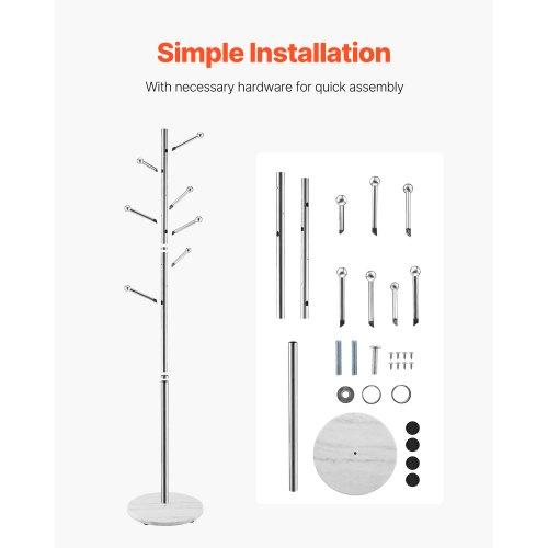 VEVOR Coat Rack, Freestanding Coats Rack Stand with Stable Marble Base & 8 Hooks, Free Standing Hall Coat Tree for Entryway, Bedroom, Office