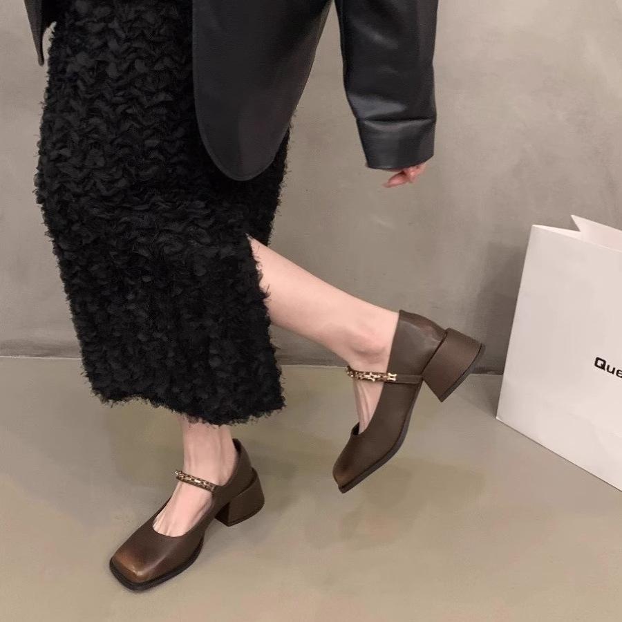 Coarse heel high heels black Mary Jane small leather shoes women's shoes new spring and autumn gentle single shoes