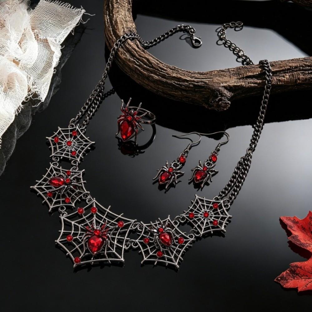 3pcs Zinc Zinc Zinc Alloy Black Spider Necklace Earrings Ring Set Punk Hollow Necklace Dark Theme Events