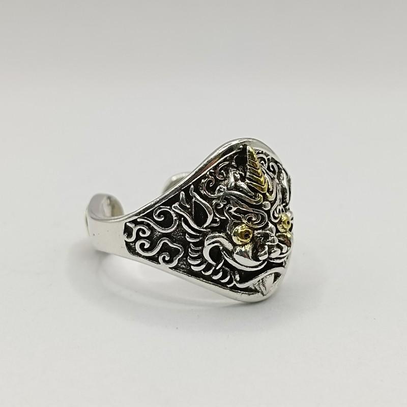 Adjustable Open Ring Men Women Vintage 3D Pixiu Sterling Plated Geometric Animal Statement