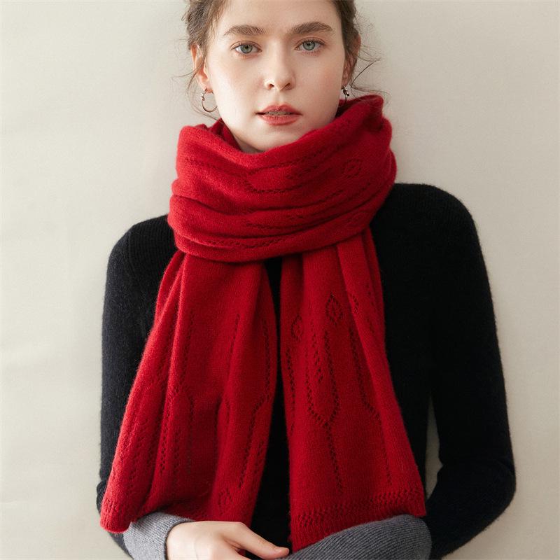 Pure Cashmere Skin-Friendly Soft Hollow Knit Warm Shawl Scarf for Women 170/50