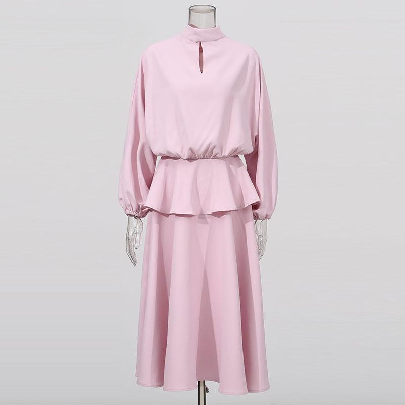 Fashion Brand Suit Pink Loose Long-sleeved Top + Ruffled Skirt Two-piece Set