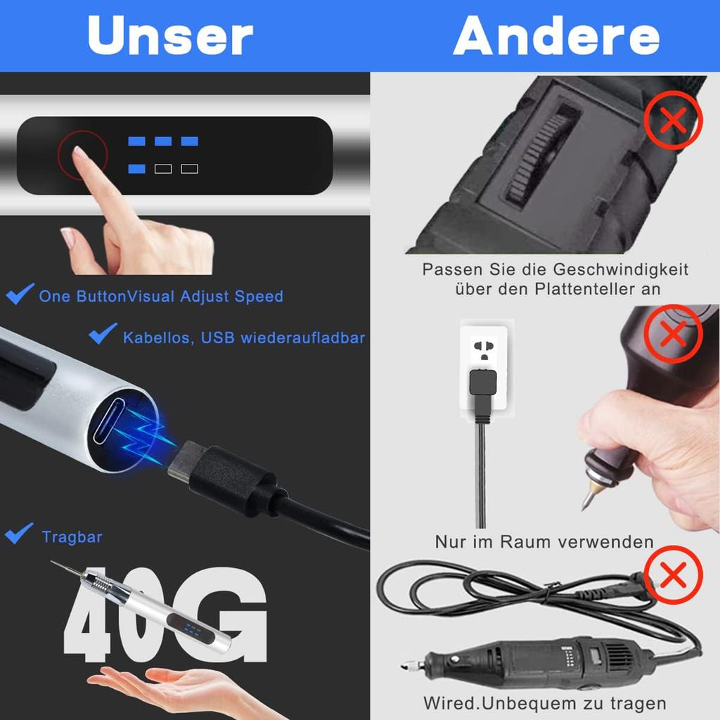 Wiederaufladbarer Gravierstift, tragbarer DIY-Rotationsgravierer, mehrere Geschwindigkeiten, multifunktional, für Schmuckdekorationen und Kunst
