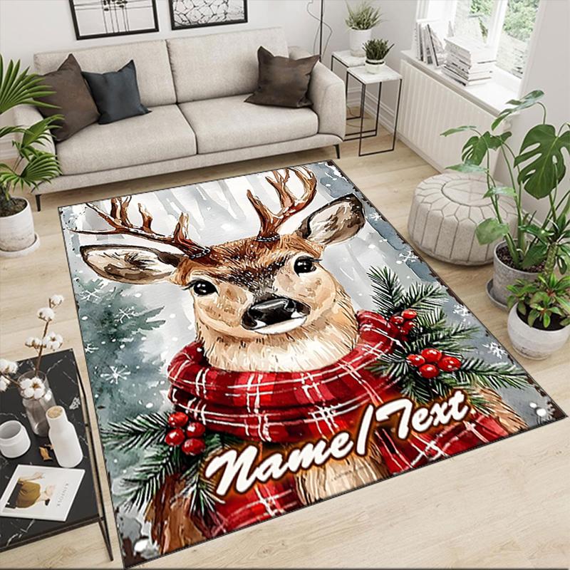 1PC Custom Name Winter Deer Plaid Theme Floor Mat Ideal for Living Room, Game Rooms, Office, Bedroom,Floor Mat Playful Design