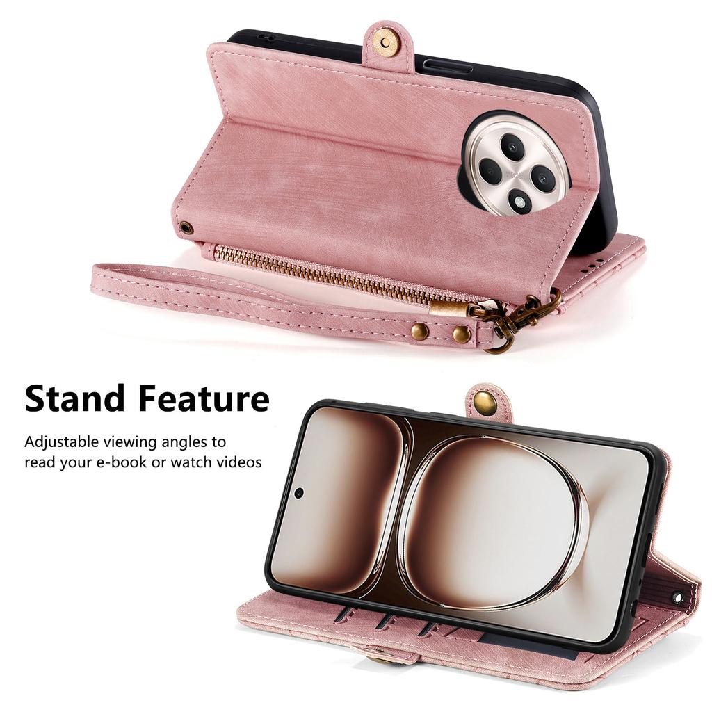 For Oppo Reno12 F 5G Zipper Wallet Case Geometry Lines Leather Phone Cover with Strap