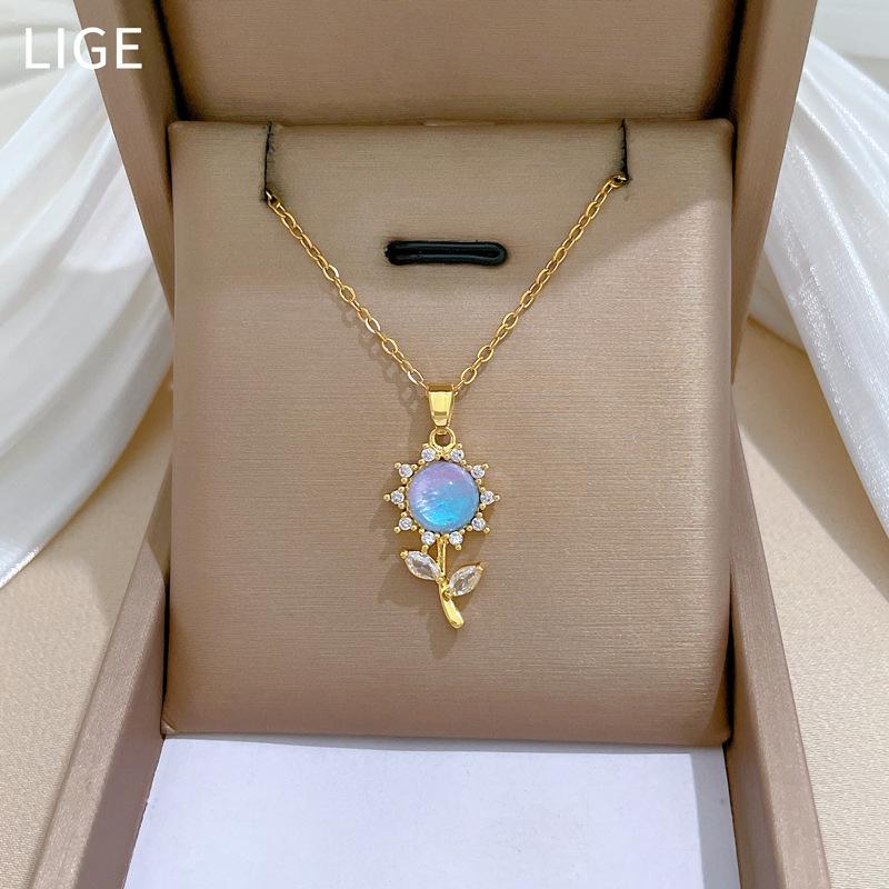 Colorful Sunflower Light Luxury Temperament Gorgeous Full Diamond Necklace Female Versatile Collarbone Chain Titanium Steel Chain