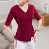Women's Asymmetrical Waist-Cinching V-Neck Top - Chinese Style, Mid-Sleeve, Slimming Solid Color