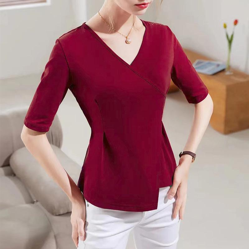 Women's Asymmetrical Waist-Cinching V-Neck Top - Chinese Style, Mid-Sleeve, Slimming Solid Color