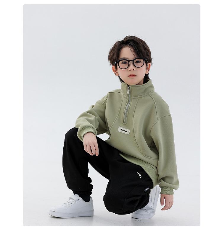 Boys' Fleece-Lined Half-Zip Sweatshirt: Trendy, Warm, Long-Sleeved Top for Autumn/Winter 2025