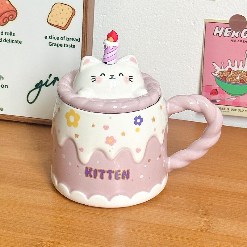 Ceramic Mug with Lid Cartoon Birthday Gift Cup for Women Office Coffee Cup Household Water Cup Creative Gift Box