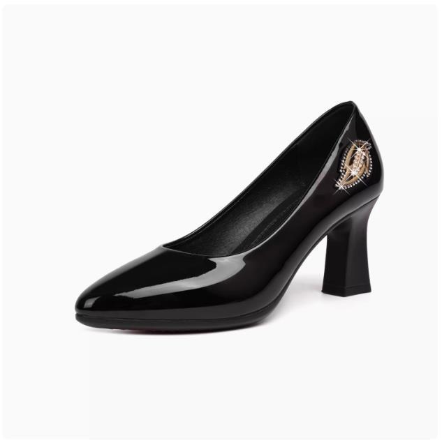 Spring new round toe high heels, thick heels, patent leather women's professional work shoes, temperament, four seasons bright leather shoes