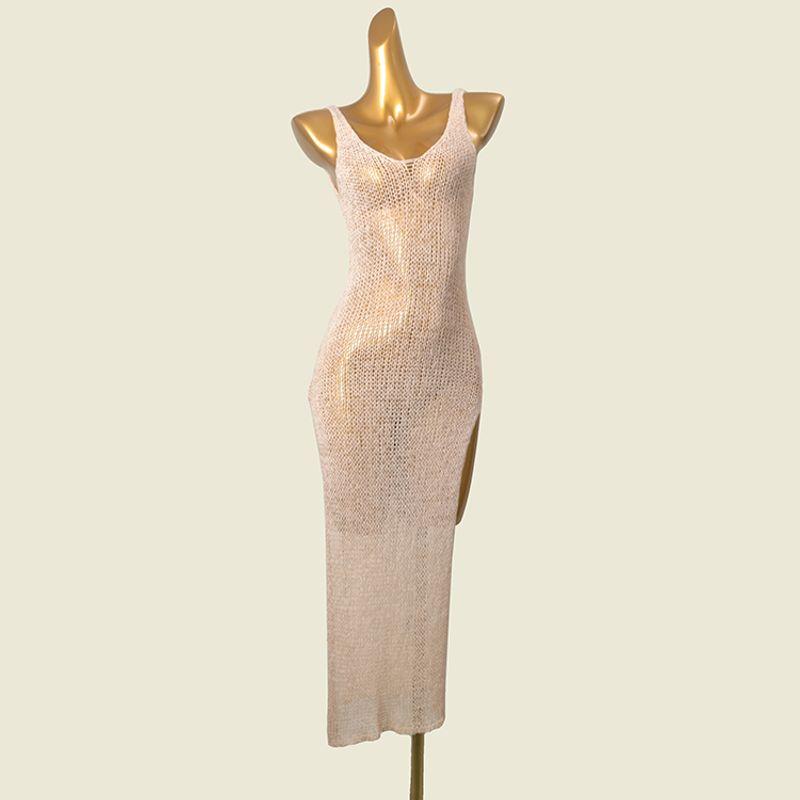 

High Slit Sexy Cut Out Vest Dress Double V Neck Beauty Back Sexy Sleeveless Fashion Style Export Knitted Dress Yellow S