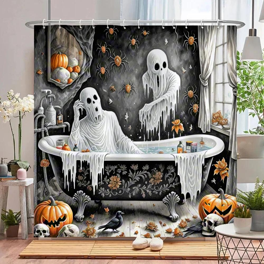 

Funny Halloween Shower Curtain Waterproof Bathroom Curtain Horrible Wacky Skeleton, Ghost, Dark Style Home Decorative Curtain W60H190(CM)-1 Pcs