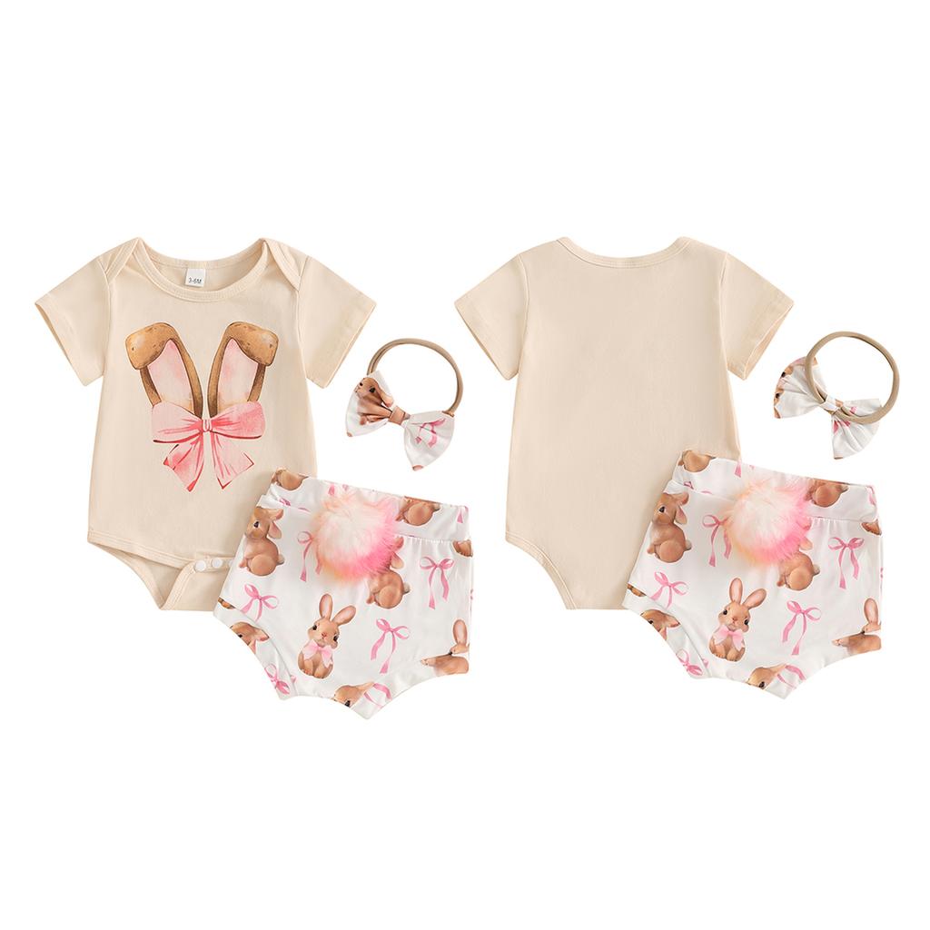 Baby Mädchen Oster-Outfits Hasenohren/Buchstaben-Print Rundhals Kurzarm Strampler Shorts Stirnband 3-teiliges Kleidungsset