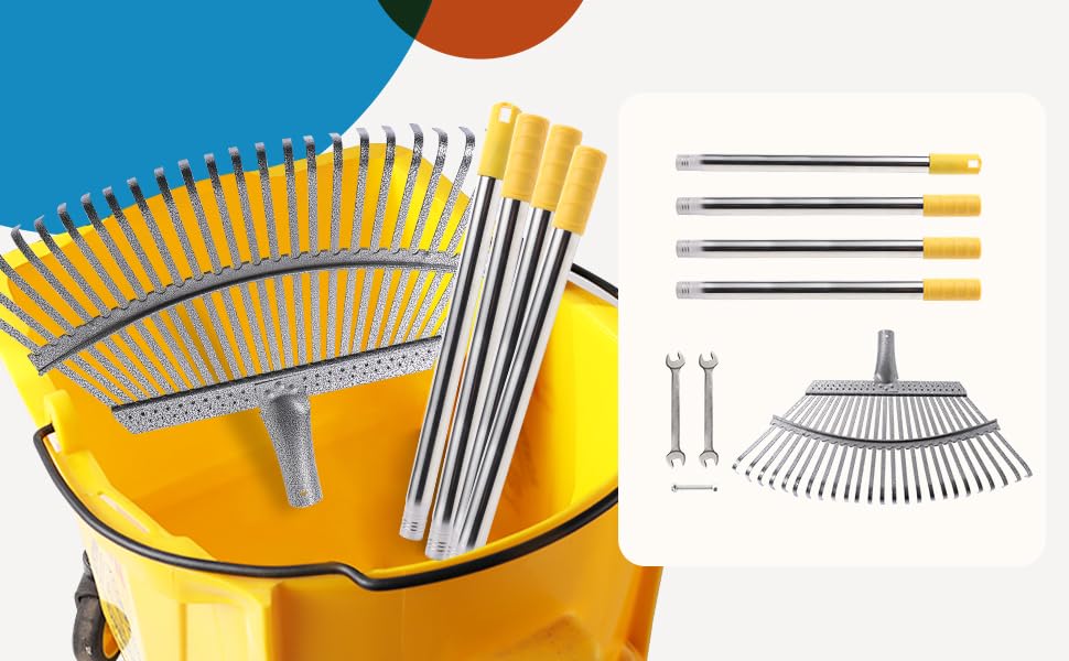 CLEANHOME Garden Rake, 25-Prong Rake, Adjustable Length, 84cm-171cm, Lightweight for Leaf Sweeping, Gardening, Weeding, Lawn, Yard Cleaning (Black)