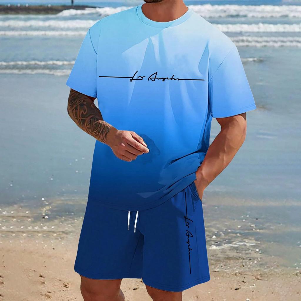 Men'S Solid Color Casual Round Neck Short Sleeved Shorts Two-Piece Set