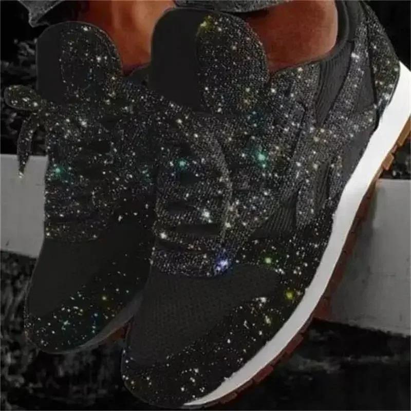 2025 New Women Flat Sneakers Casual Bling Vulcanized Shoes Women Mesh Lace Up Platform Plus Size Fashion Outdoor Woman Shoes