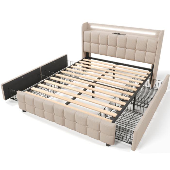 Lit Rembourré Avec Fonction De Recharge USB, Éclairage LED Et Tête De Lit Avec 4 Tiroirs,lit Double,160x200cm,beige(avec Matelas)