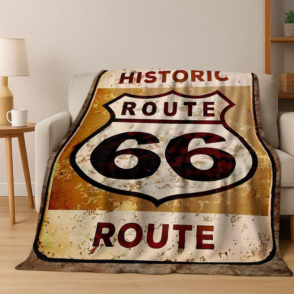 Retro Route 66 Road Trip America Historic Mother Road Art Flannel Blanket,Cozy Soft Throw Blanket for Home Bedroom Bed Sofa Gift
