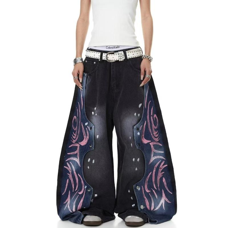 VIONA Retro American Men s Workwear Jeans Casual Washed Splatter Ink Patchwork Street Style Loose Straight Leg Zipper Fly Jeans S