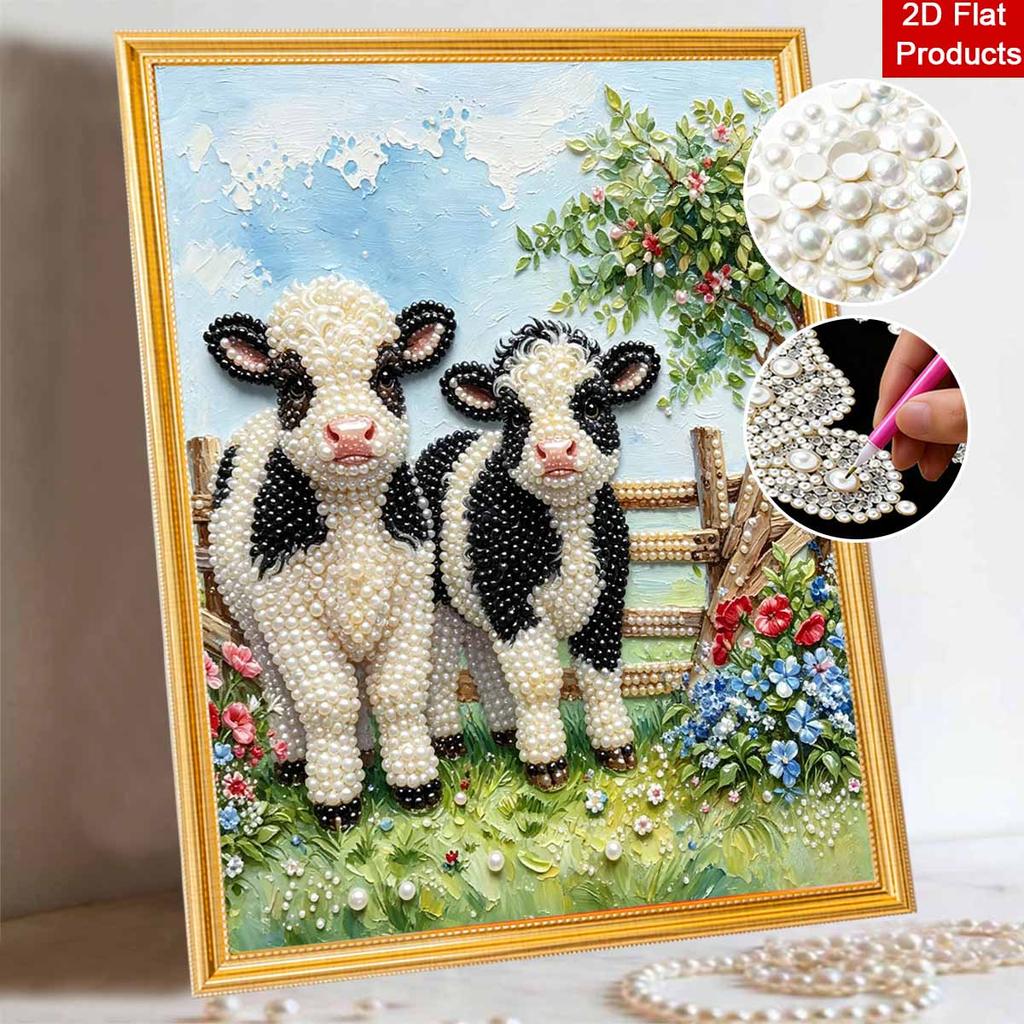 Handmade Framed Pearl Painting Set with Cute Farm Baby Cow Design 5D Shiny Bead Art Canvas Creative Craft for Home Wall Room Decor