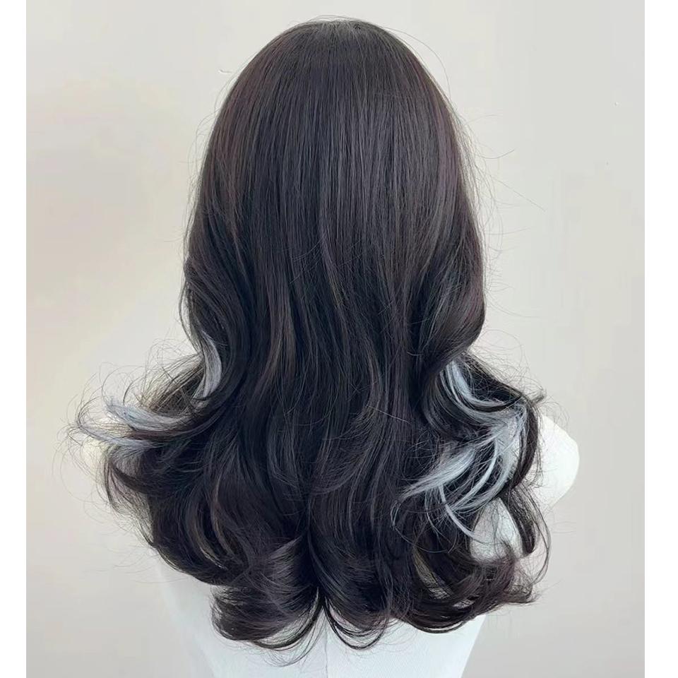 Black Blue Highlights Synthetic Short Wavy Women Wig Fluffy Lolita Cosplay Heat Resistant Wig with Bangs for Daily Party