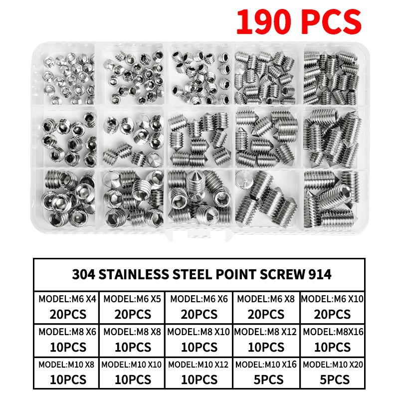 DIN914 304 Stainless Steel Hex Socket Point Grub Screws M3 M4 M5 M6 M8 M10 Assortment Kit - High Hardness Fasteners Set