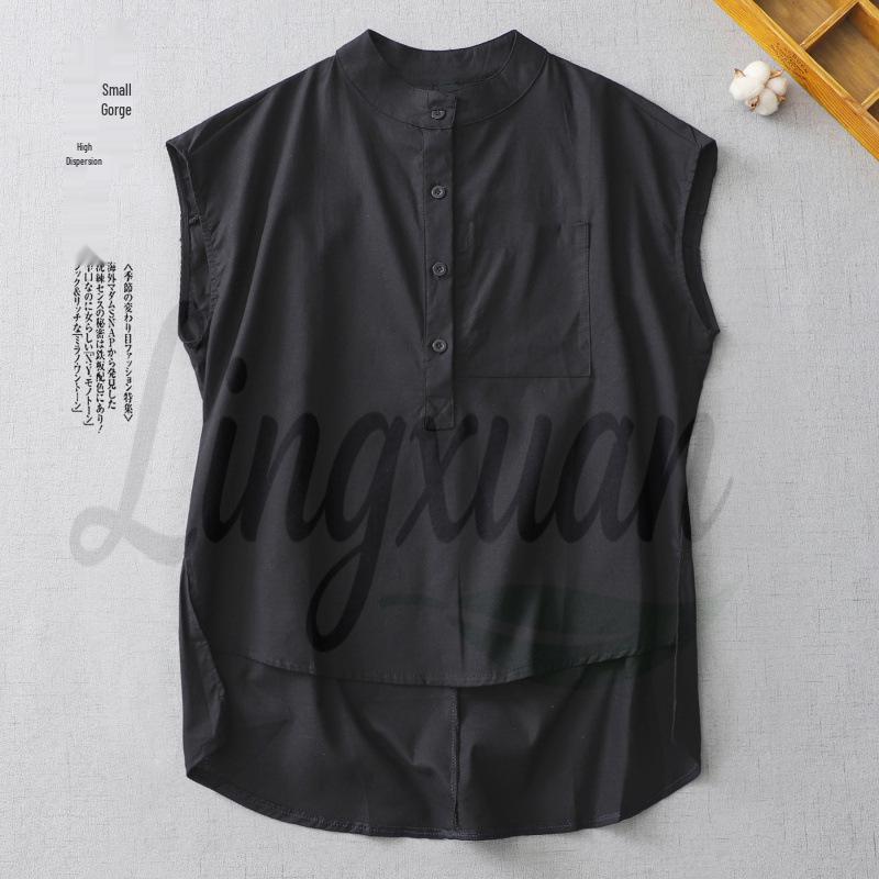 Retro Stand Collar Cotton Linen Sleeveless Top for Women - Spring/Summer Large