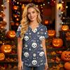 Women's V-Neck Short Sleeve Scrub Top with Pockets Halloween Print for Nurses and Caregivers