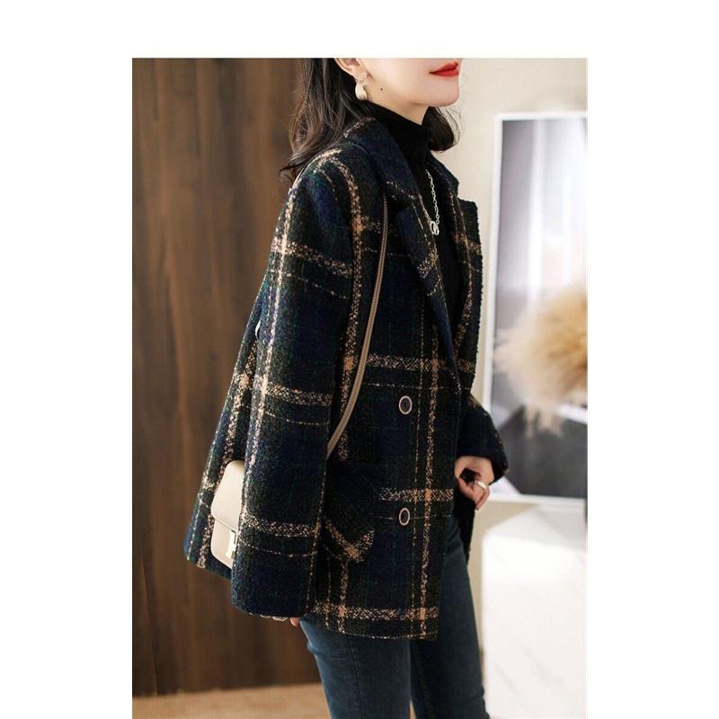 Retro Geruite Wolleren Jas Voor Dames Middellang Revers Casual Jas