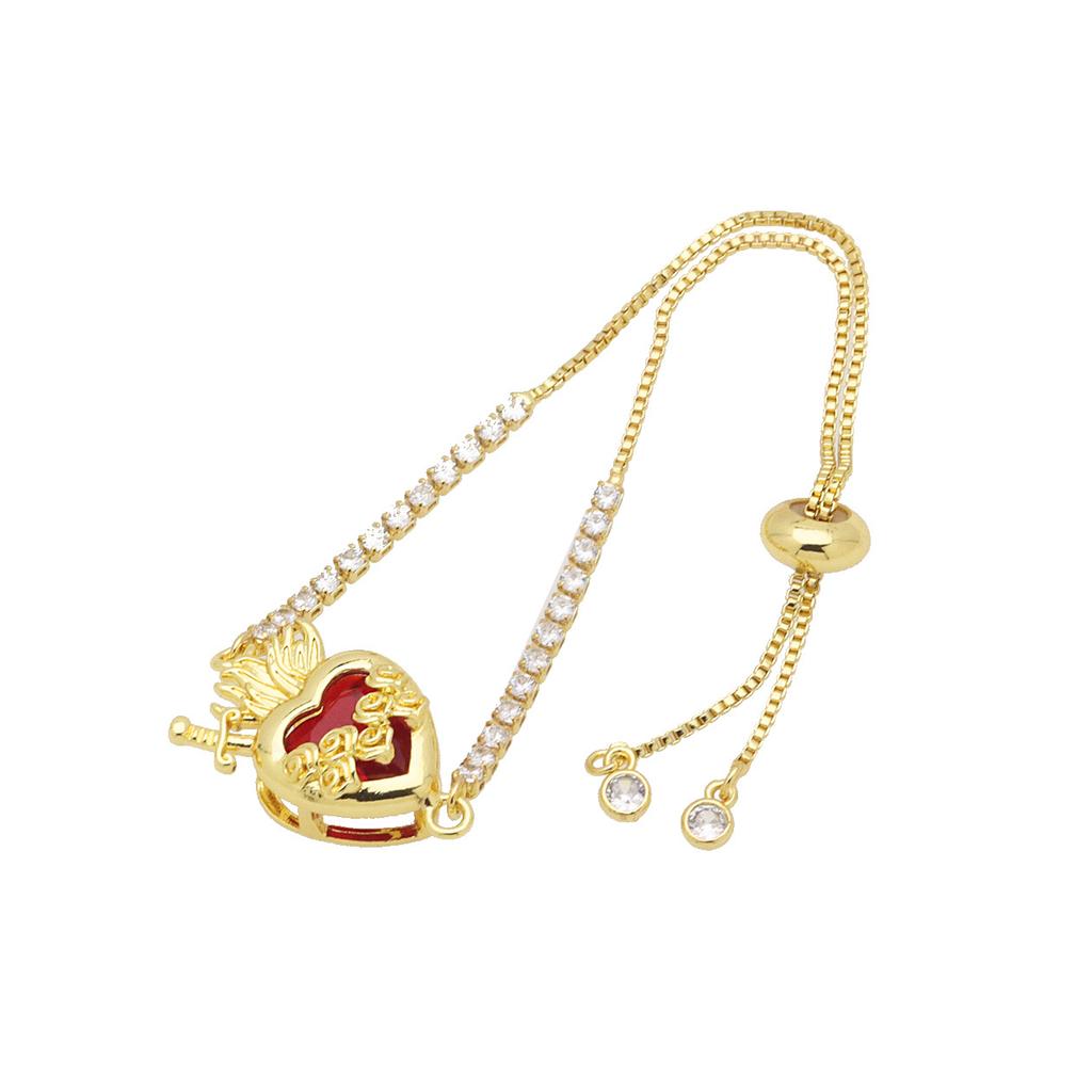 Herzförmige Liebe Kupferplattiertes Farbiges Zirkonium Pfirsichherz, Ein Schwert, das das Herz durchbohrt, kann das Zirkon-Box-Armband ziehen und verstellen.