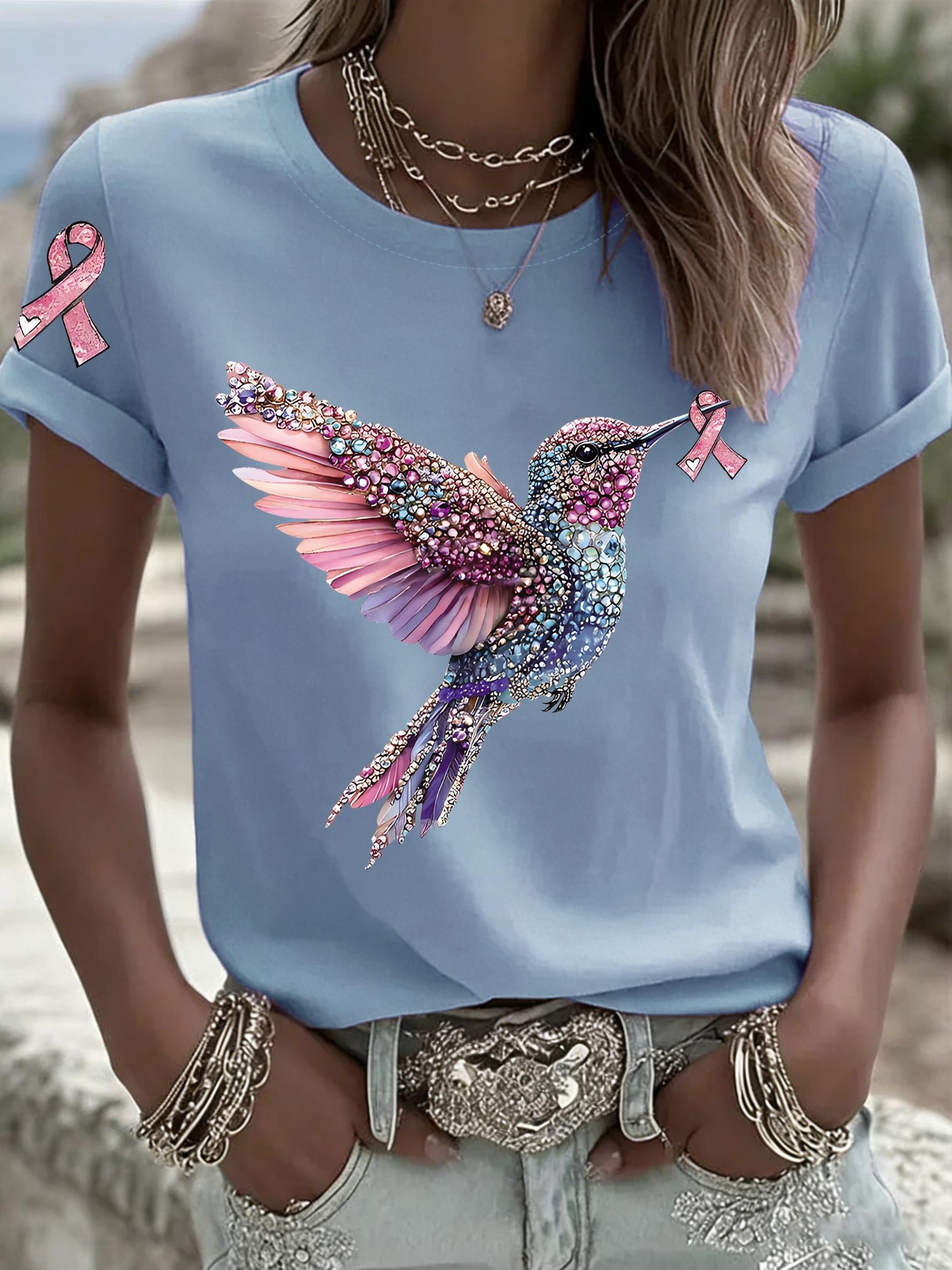 Pink October Faux Diamond Bird And Pink Ribbon Breast Cancer Awareness T-Shirt. Anti-Cancer Shirt. October Promotion Breast Cancer Pattern Print Retro S