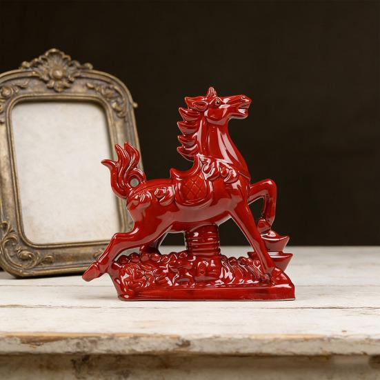 2026 Year of The Horse Figurine Ceramic Feng Shui Red Horse Statue Chinese New Year Home Office Tabletop Decoration for Wealth Good Luck