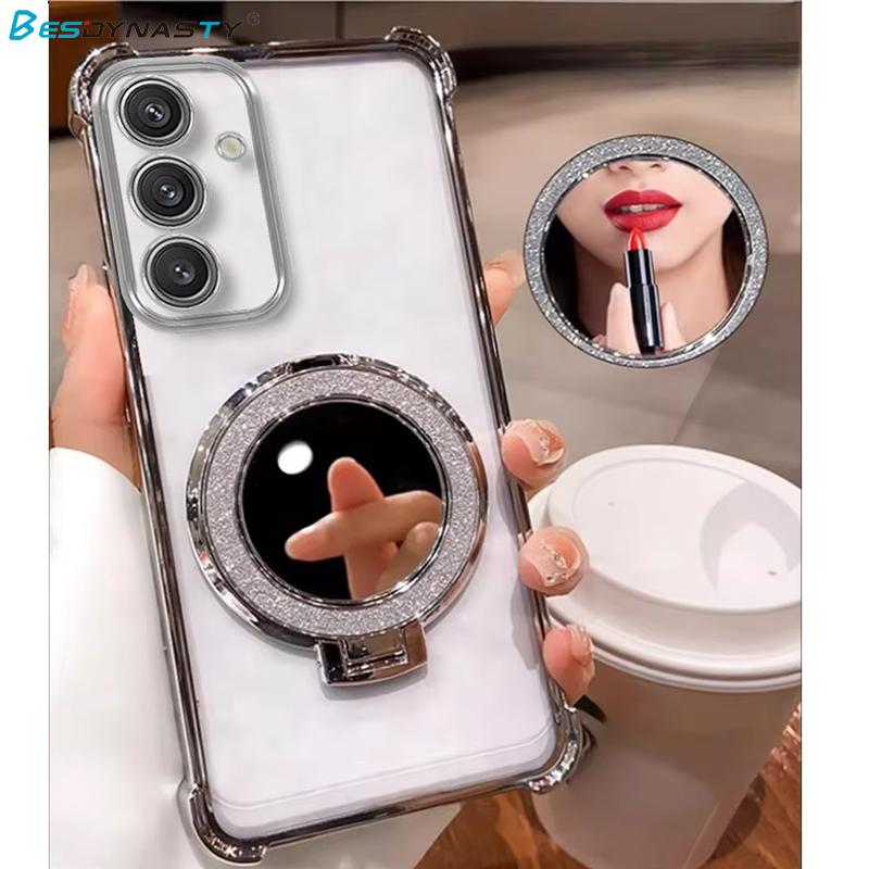 Glitter Mirror Holder Case For Samsung S25FE A56 A36 A17 A07 A26 A25 A55 A54 A35 A34 A15 A14 A73 A06 Shockproof Stand Soft Cover